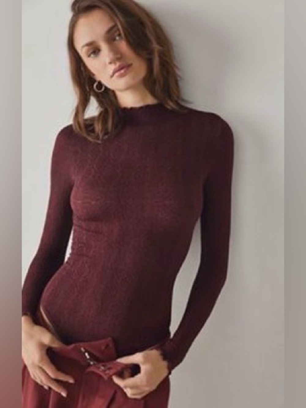 Free People Burgundy Long Sleeve Top